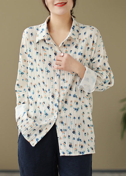 New Loose Beige Peter Pan Collar Print Cotton Shirt Spring TN002 ABC