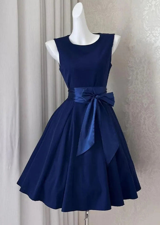 Mid Bow Sleeveless Solid New Cotton Navy Dress FashionChic