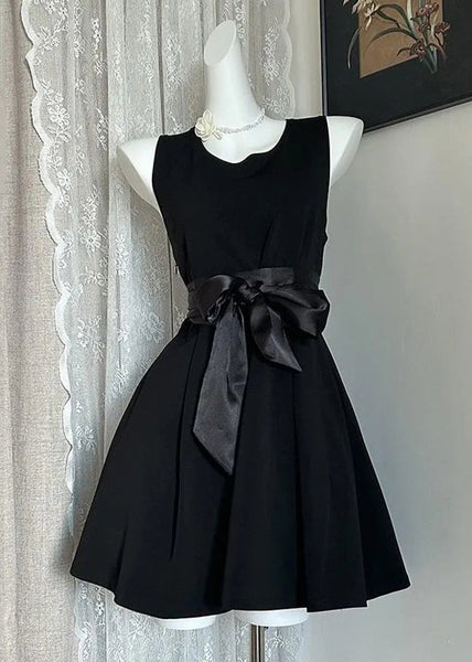 Mid Bow Sleeveless Solid New Cotton Navy Dress FashionChic