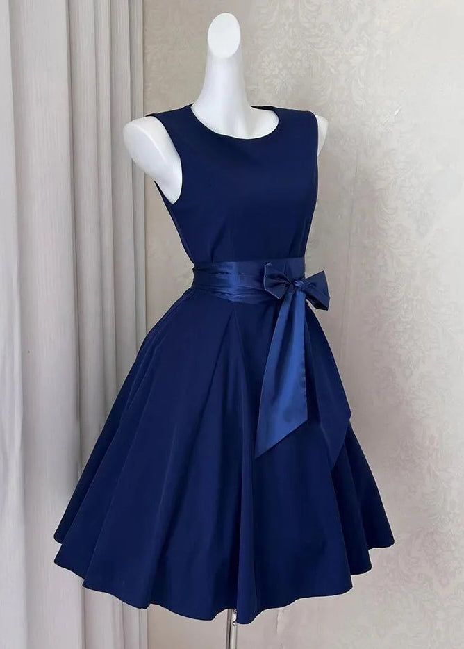 Mid Bow Sleeveless Solid New Cotton Navy Dress FashionChic