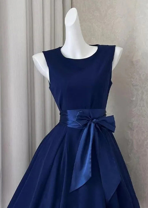 Mid Bow Sleeveless Solid New Cotton Navy Dress FashionChic