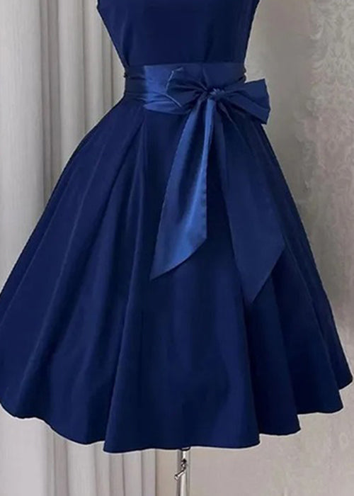 Mid Bow Sleeveless Solid New Cotton Navy Dress FashionChic