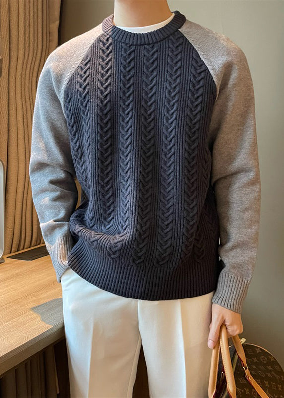 New Navy O Neck Patchwork Cable Knit Men Sweaters Spring TK001