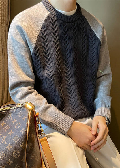 New Navy O Neck Patchwork Cable Knit Men Sweaters Spring TK001