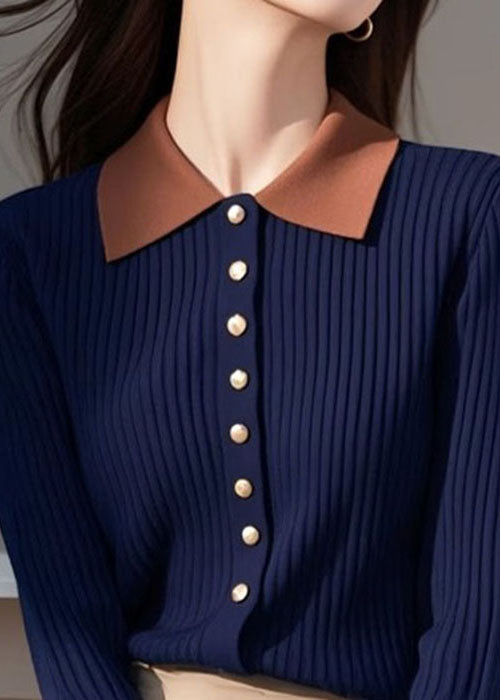 New Navy Peter Pan Collar Button Patchwork Knit Sweaters Spring TF013