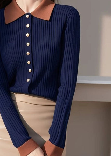 New Navy Peter Pan Collar Button Patchwork Knit Sweaters Spring TF013