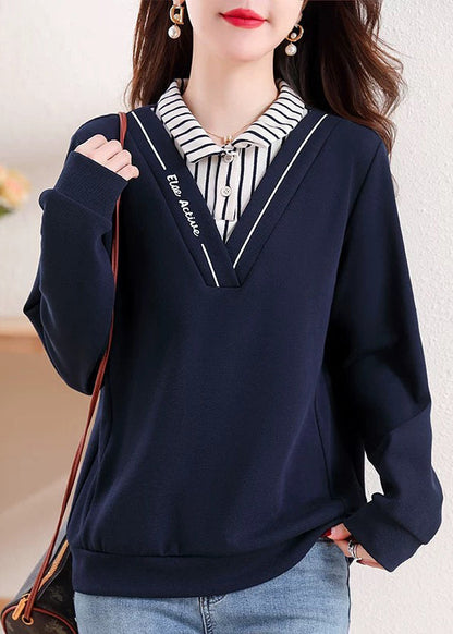 New Navy Peter Pan Collar Patchwork False Two Pieces Cotton Top Fall QA049 OM-ZS241009