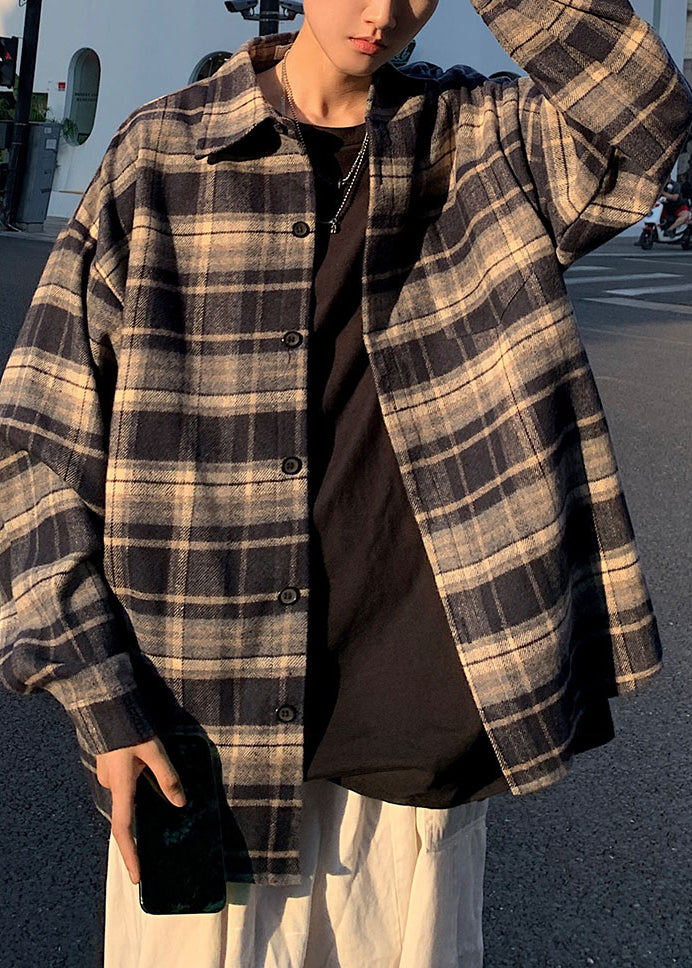 New Navy Peter Pan Collar Plaid Woolen Men Shirts Coat Fall RO007 ABC