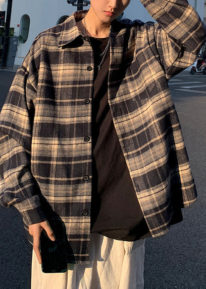 New Navy Peter Pan Collar Plaid Woolen Men Shirts Coat Fall RO007 ABC