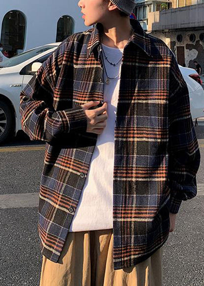 New Navy Peter Pan Collar Plaid Woolen Men Shirts Coat Fall RO007 ABC