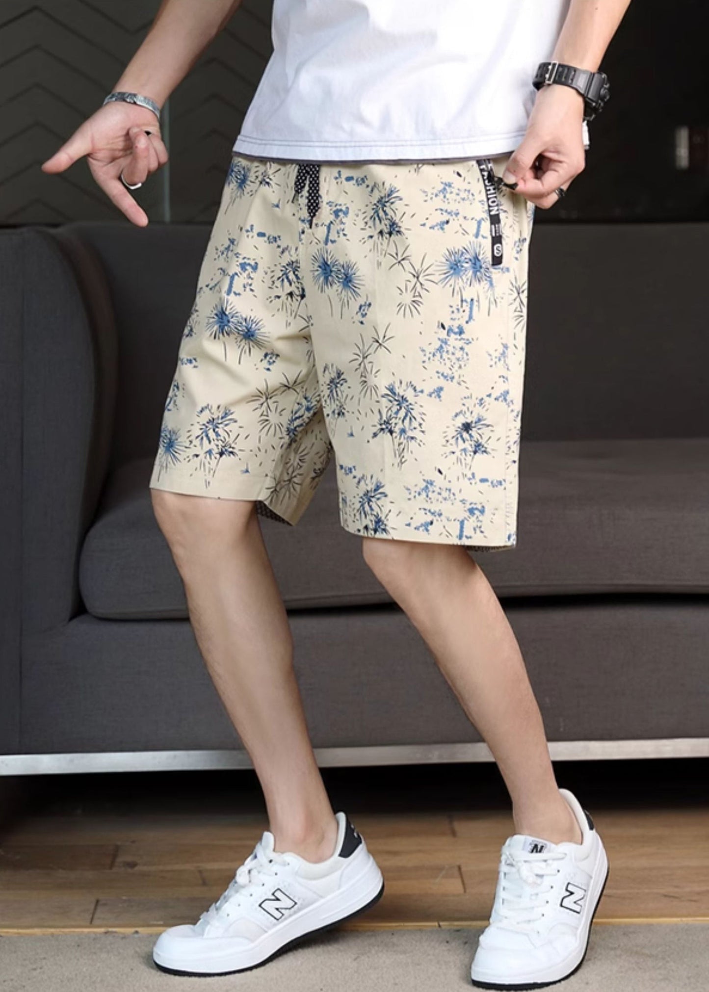 Navy Print Waist Cotton Men Shorts Summer Elastic New FashionChic