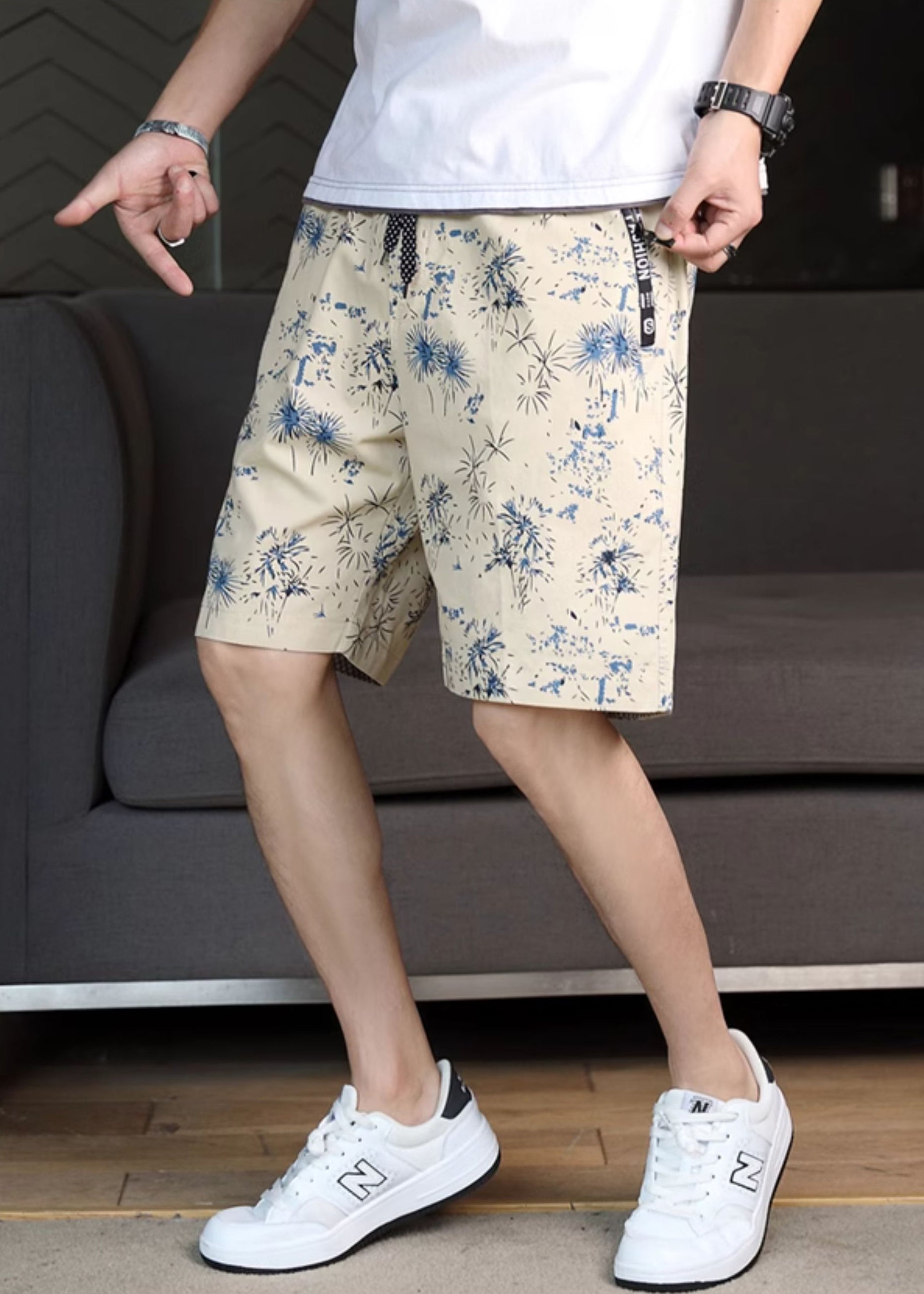 Navy Print Waist Cotton Men Shorts Summer Elastic New FashionChic