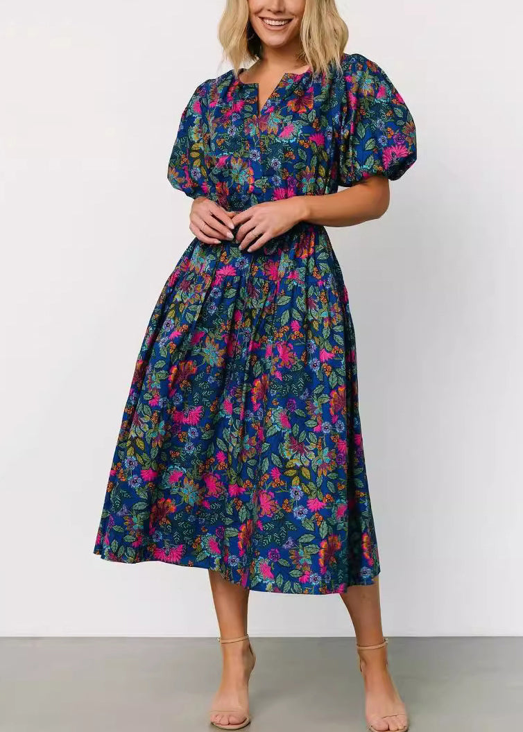 New Navy Print Lace Up Pockets Cotton Dresses Summer AU1027 OM-ZS240902