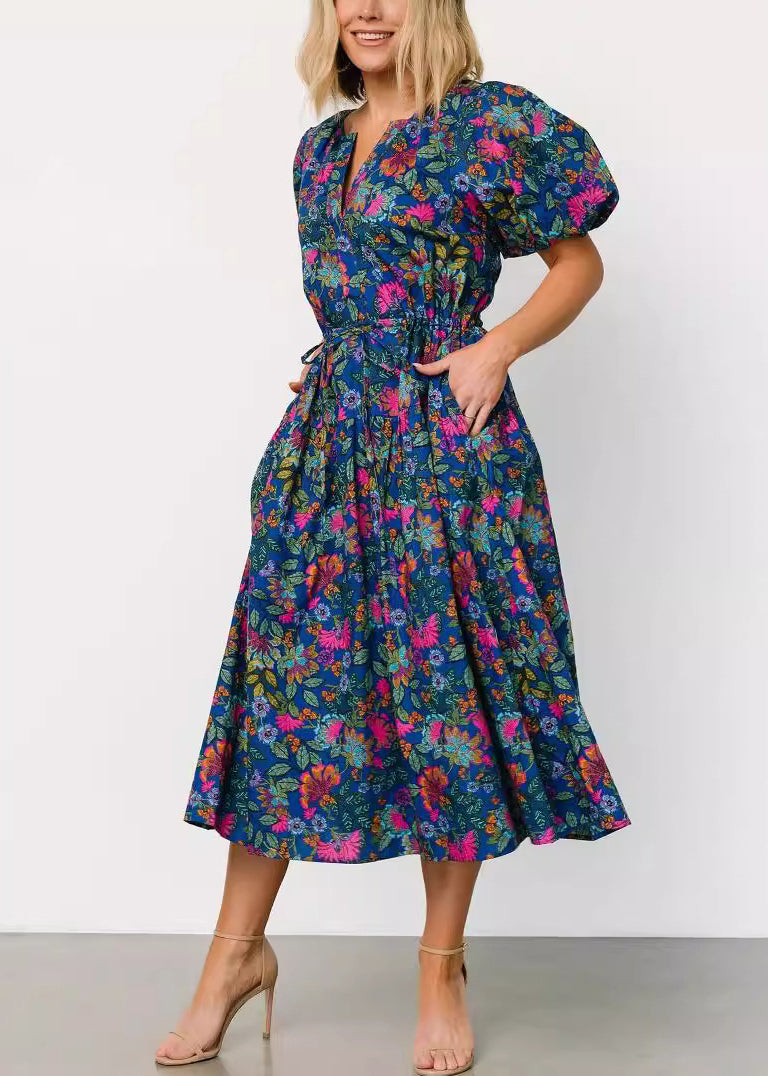 New Navy Print Lace Up Pockets Cotton Dresses Summer AU1027 OM-ZS240902