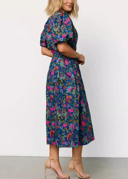 New Navy Print Lace Up Pockets Cotton Dresses Summer AU1027 OM-ZS240902