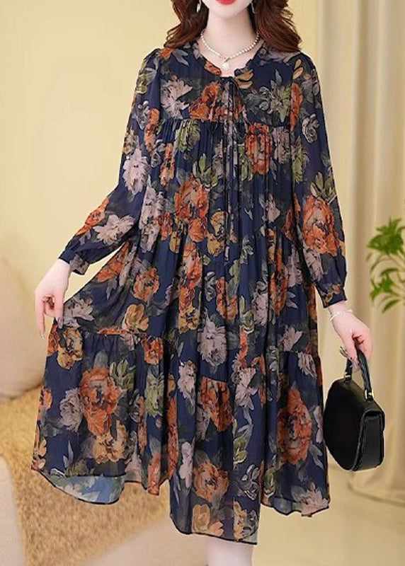 New Navy Print Wrinkled Cotton Long Dresses Long Sleeve MN073 MMDM-FDL240704