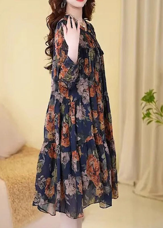 New Navy Print Wrinkled Cotton Long Dresses Long Sleeve MN073 MMDM-FDL240704