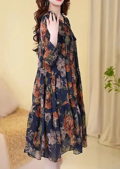 New Navy Print Wrinkled Cotton Long Dresses Long Sleeve MN073 MMDM-FDL240704