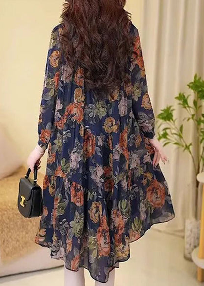 New Navy Print Wrinkled Cotton Long Dresses Long Sleeve MN073 MMDM-FDL240704