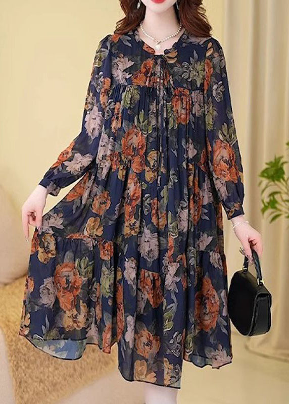 New Navy Print Wrinkled Cotton Long Dresses Long Sleeve MN073 MMDM-FDL240704