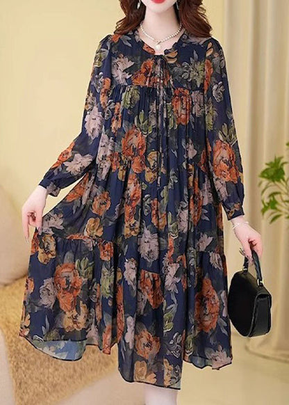 New Navy Print Wrinkled Cotton Long Dresses Long Sleeve MN073 MMDM-FDL240704