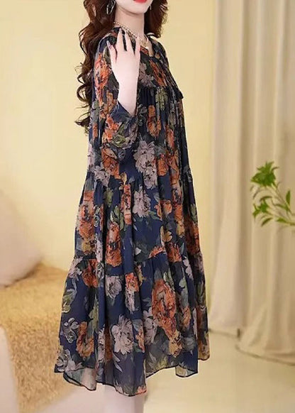 New Navy Print Wrinkled Cotton Long Dresses Long Sleeve MN073 MMDM-FDL240704