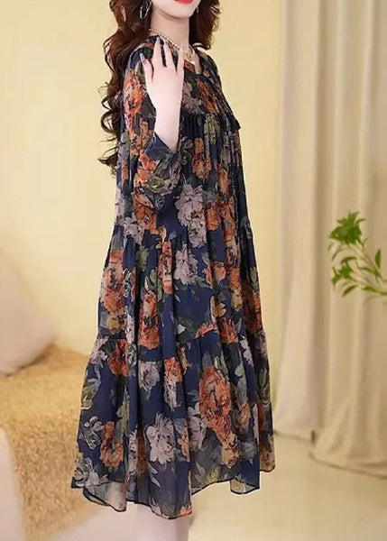 New Navy Print Wrinkled Cotton Long Dresses Long Sleeve MN073 MMDM-FDL240704