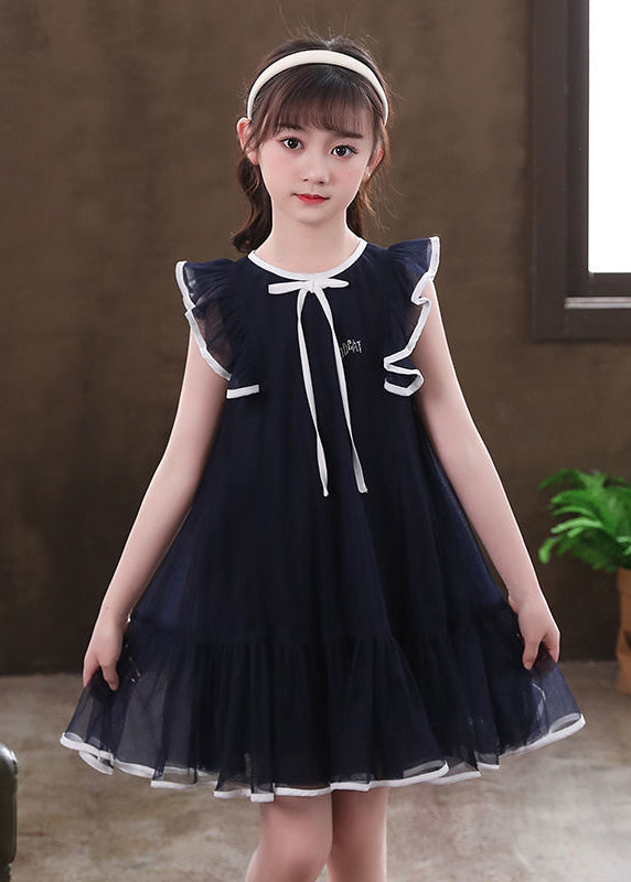 New Navy Ruffled Patchwork Tulle Kids Mid Dresses Summer EW001 WS-JRTZSDM240810