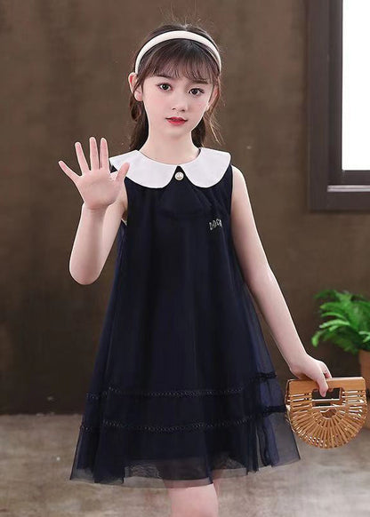 New Navy Ruffled Patchwork Tulle Kids Mid Dresses Summer EW001 WS-JRTZSDM240810