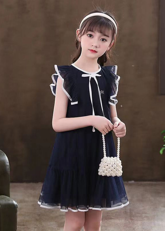 New Navy Ruffled Patchwork Tulle Kids Mid Dresses Summer EW001 WS-JRTZSDM240810