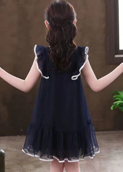 New Navy Ruffled Patchwork Tulle Kids Mid Dresses Summer EW001 WS-JRTZSDM240810