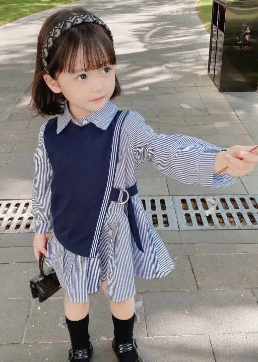 New Navy Waistcoat And Striped Dresses Cotton Girls Two Pieces Set Fall XZ079 FALL-MM-RCTZ-TPGIEC240618