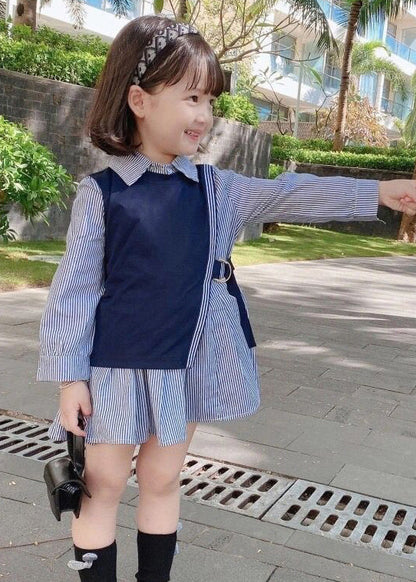 New Navy Waistcoat And Striped Dresses Cotton Girls Two Pieces Set Fall XZ079 FALL-MM-RCTZ-TPGIEC240618