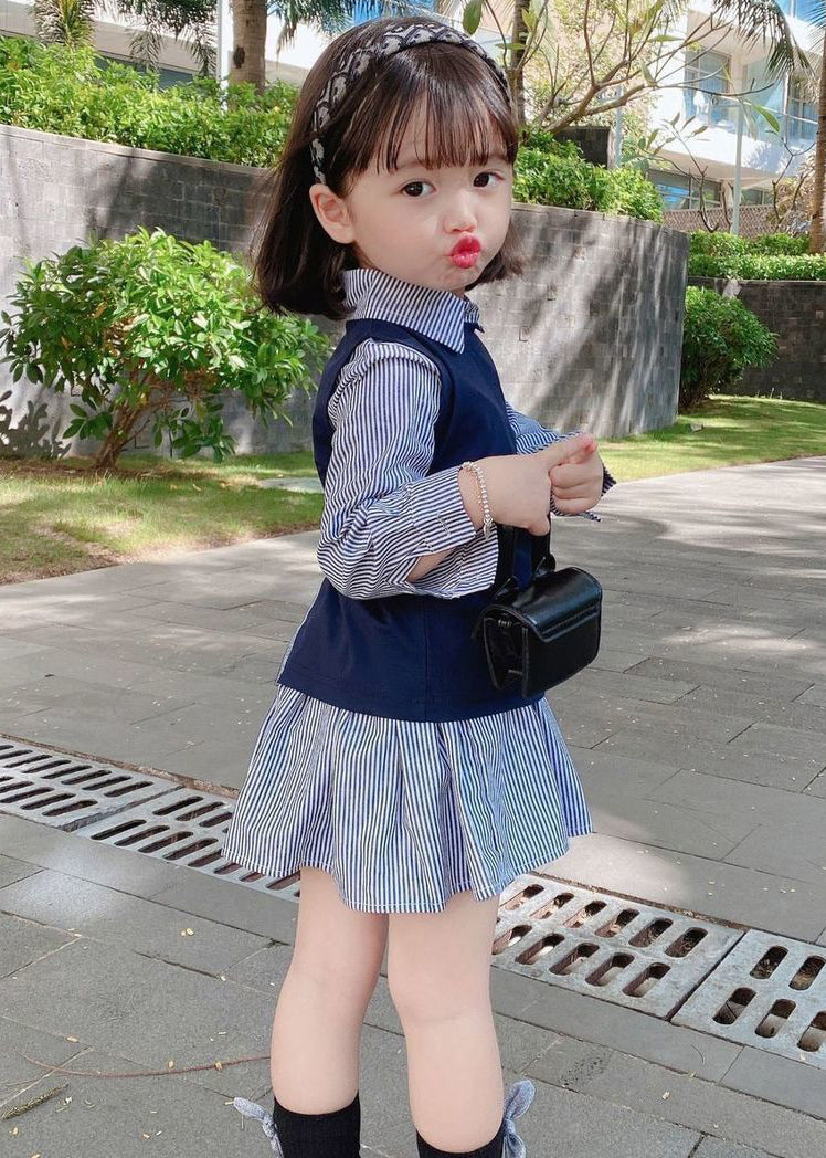 New Navy Waistcoat And Striped Dresses Cotton Girls Two Pieces Set Fall XZ079 FALL-MM-RCTZ-TPGIEC240618