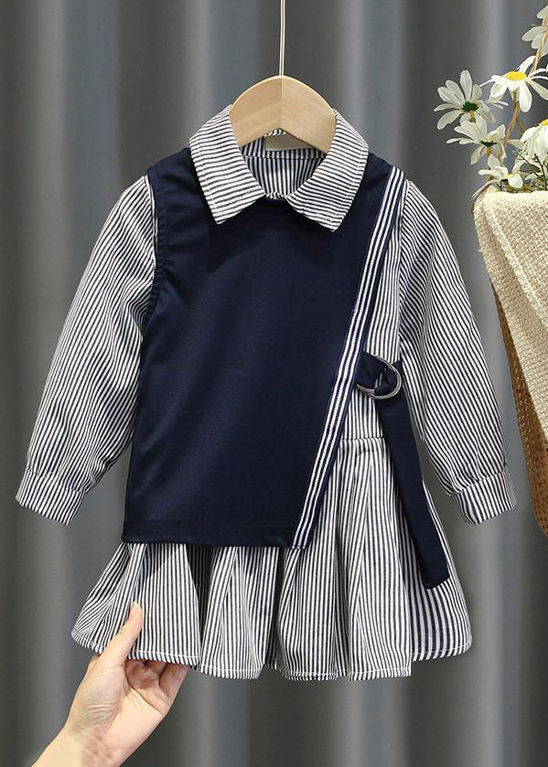 New Navy Waistcoat And Striped Dresses Cotton Girls Two Pieces Set Fall XZ079 FALL-MM-RCTZ-TPGIEC240618