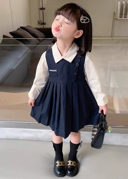 New Navy Wrinkled False Two Pieces Cotton Girls Dresses Fall XZ020 FALL-MM-RCTZ-FDGL240618