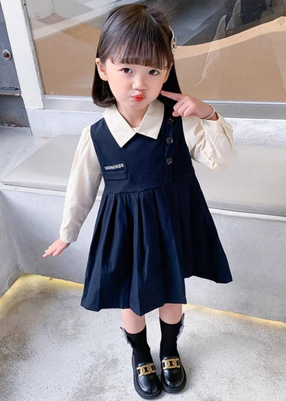 New Navy Wrinkled False Two Pieces Cotton Girls Dresses Fall XZ020 FALL-MM-RCTZ-FDGL240618