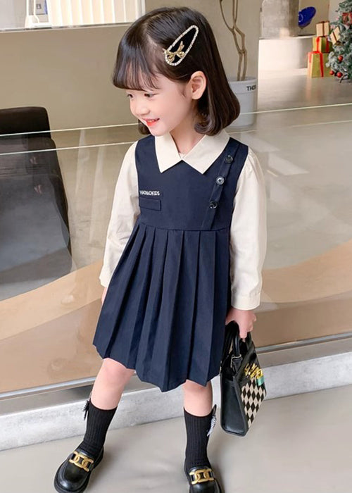 New Navy Wrinkled False Two Pieces Cotton Girls Dresses Fall XZ020 FALL-MM-RCTZ-FDGL240618