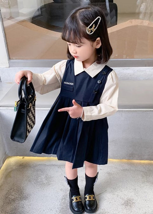 New Navy Wrinkled False Two Pieces Cotton Girls Dresses Fall XZ020 FALL-MM-RCTZ-FDGL240618