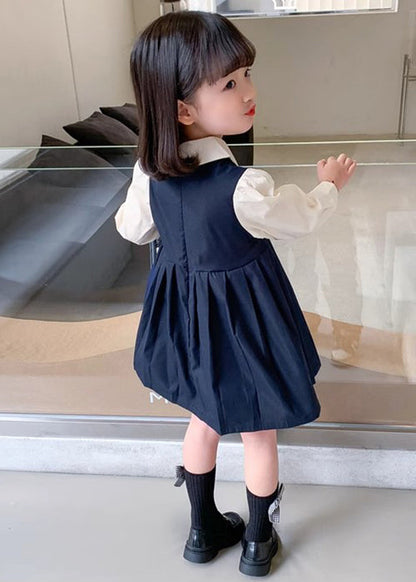 New Navy Wrinkled False Two Pieces Cotton Girls Dresses Fall XZ020 FALL-MM-RCTZ-FDGL240618