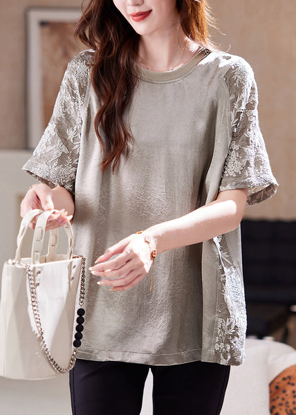 Top Cotton Jacquard Neck New Patchwork O Summer T Shirt FashionChic