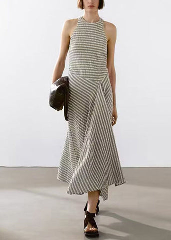 Design Neck Striped Cotton Long New Sleeveless O Dresses Original FashionChic