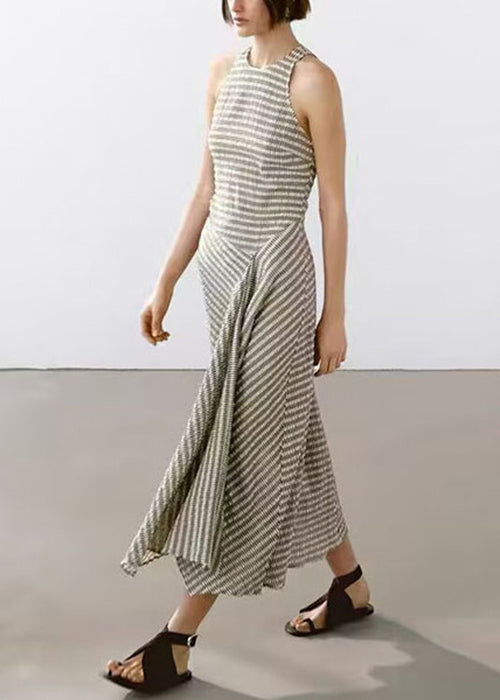 Design Neck Striped Cotton Long New Sleeveless O Dresses Original FashionChic