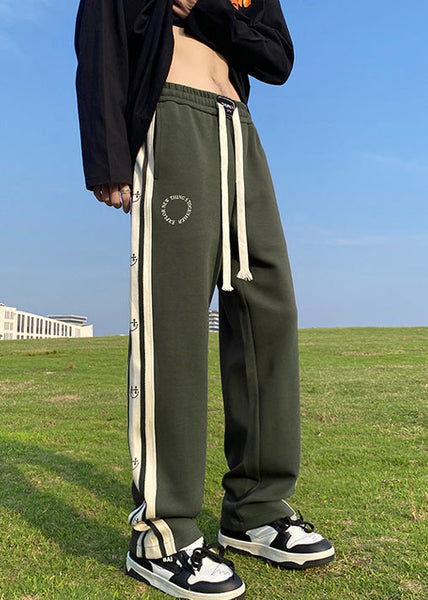 New Olive Green Elastic Waist Patchwork Cotton Men Pants Fall WA050 MENP241110