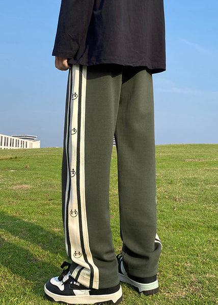 New Olive Green Elastic Waist Patchwork Cotton Men Pants Fall WA050 MENP241110