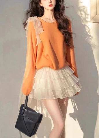 Two Cotton Piece Tops Bow New Tulle And Skirts White Set Orange FashionChic