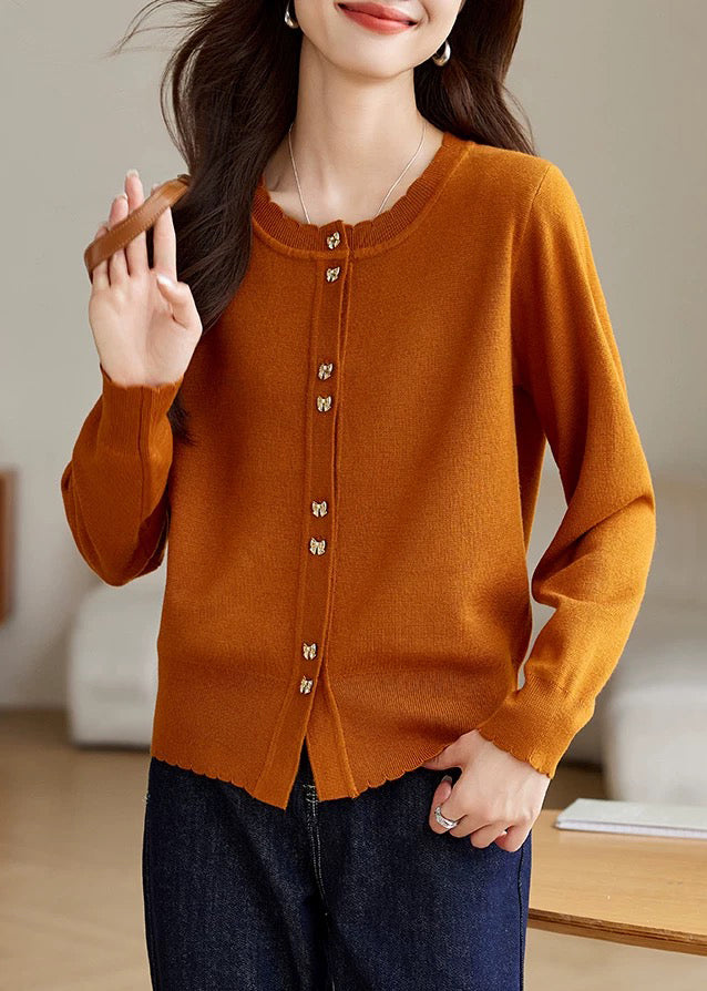 New Orange O Neck Button Cozy Wool Knit Coat Fall QV062 OM-SW241024