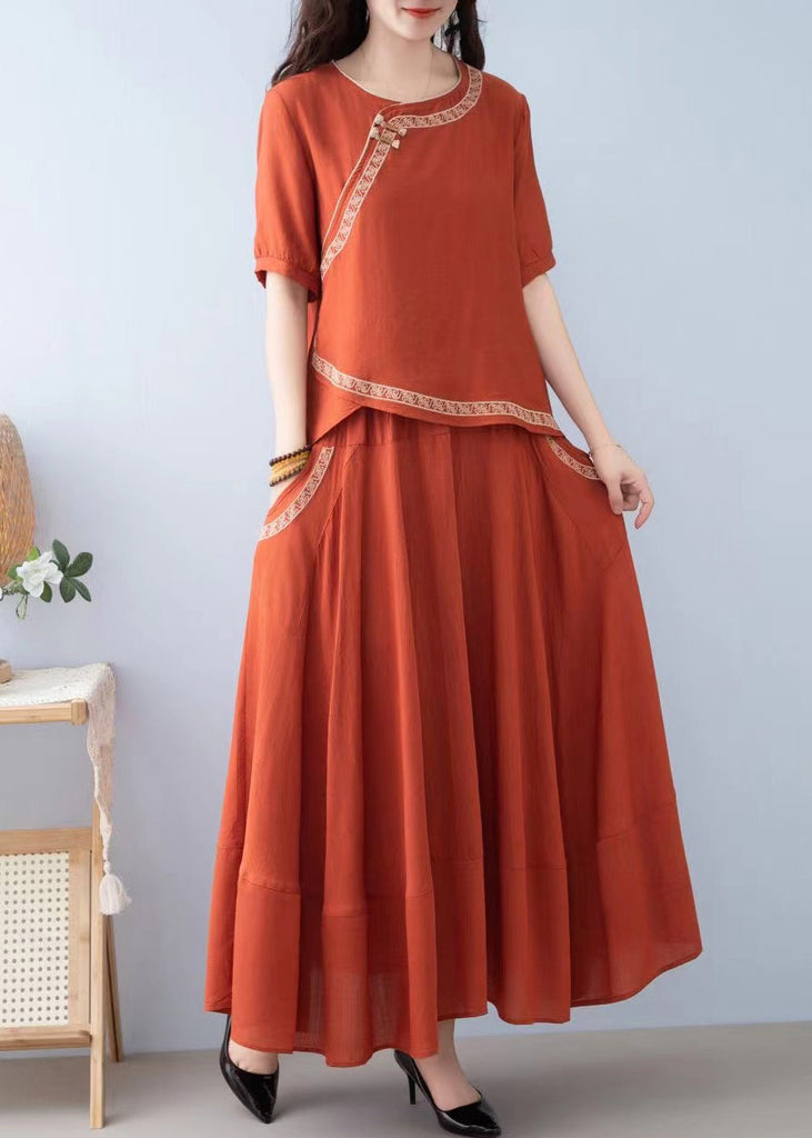 New Orange O Neck Pockets Linen Two-Piece Set Summer RE032 MZF-TPIEC240807