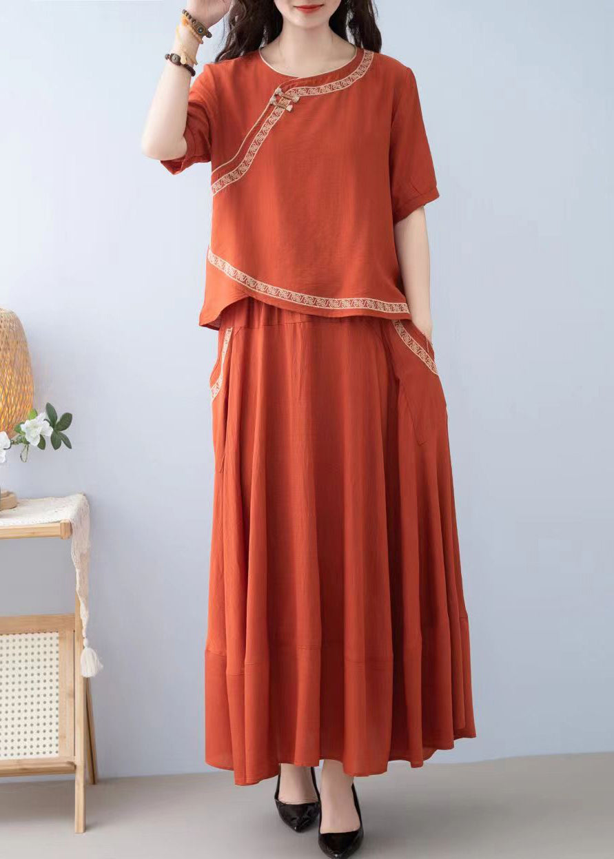 New Orange O Neck Pockets Linen Two-Piece Set Summer RE032 MZF-TPIEC240807