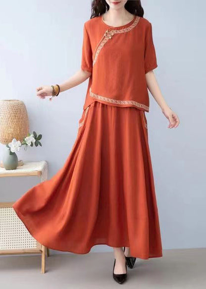 New Orange O Neck Pockets Linen Two-Piece Set Summer RE032 MZF-TPIEC240807